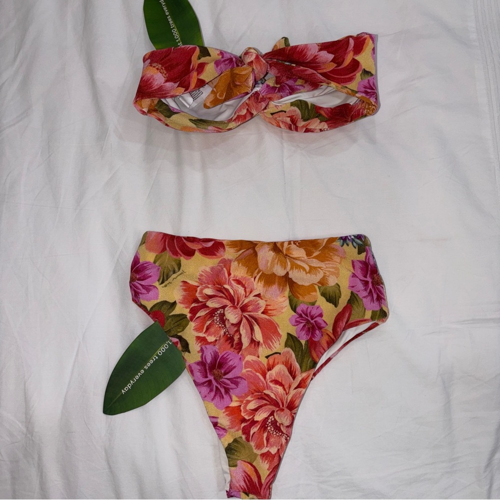 Farm Rio: Floral High-Waist Bikini Set in Yellow, Pink & Orange Blooms / Swim - Picture 4 of 6